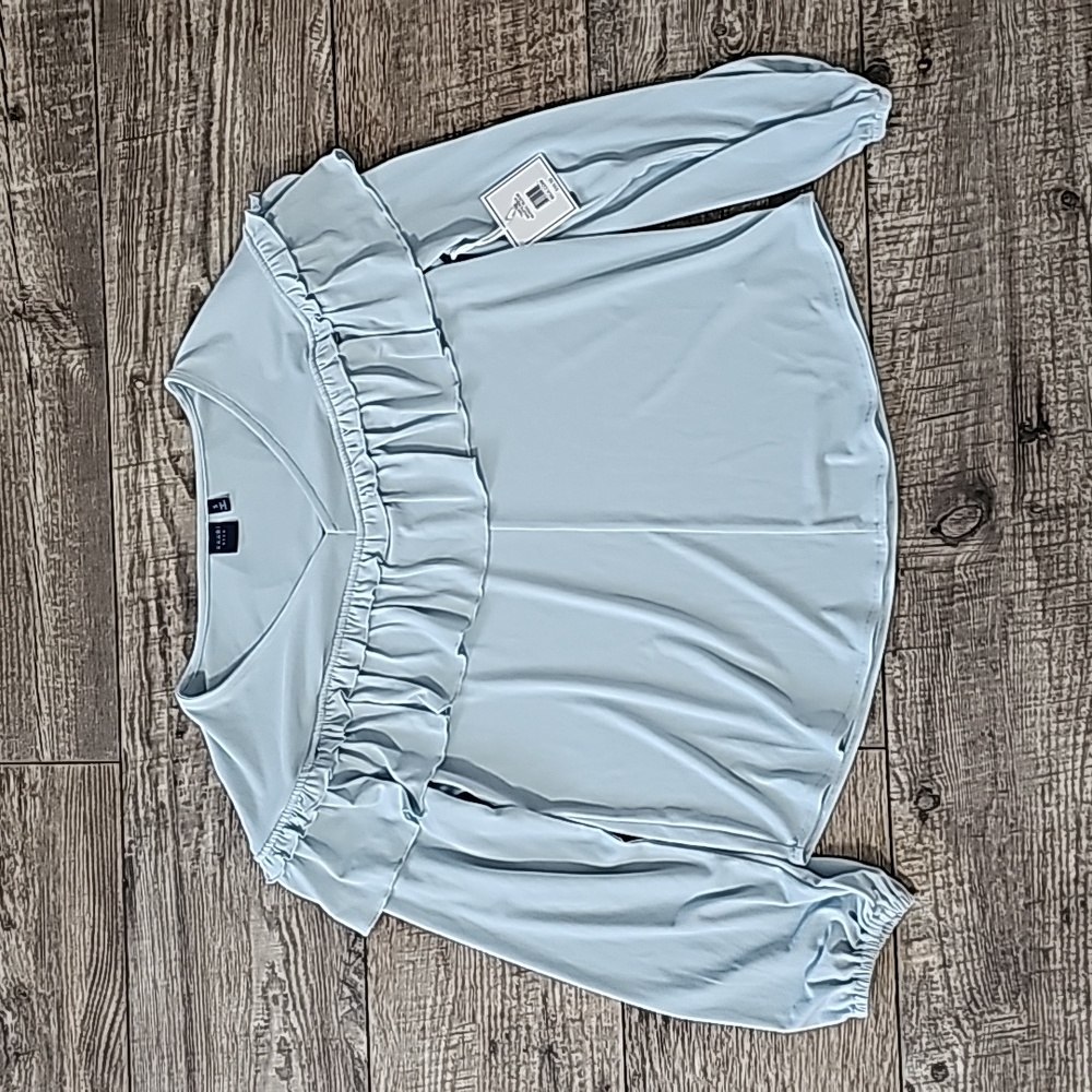 Kaari Blue Ruffle Elastic Cuff V-Neck Blouse Top